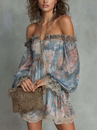 Romane | Robe Mini en Mousseline Froncée à Épaules Dénudées et Fleurs Romantiques