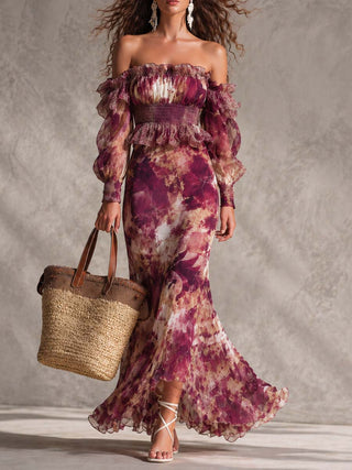 Françoise | Robe maxi en mousseline rose à imprimé floral et épaules dénudées