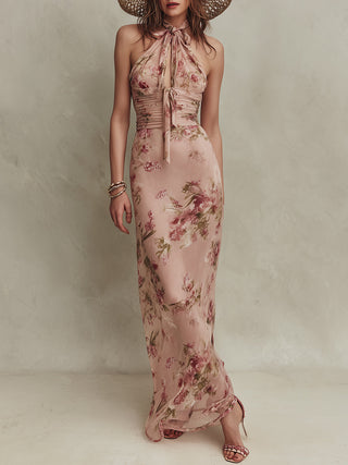 Lia | Robe maxi en mousseline à imprimé floral élégant et encolure goutte d'eau