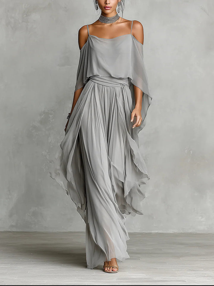 Perle | Ensemble en Mousseline Grise, Haut Fluide Sans Bretelles et Pantalon