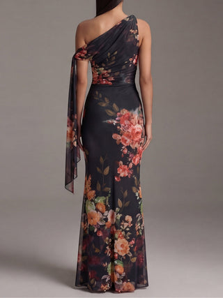 Noémie | Robe Maxi Plissée Imprimée, Épaule Dénudée