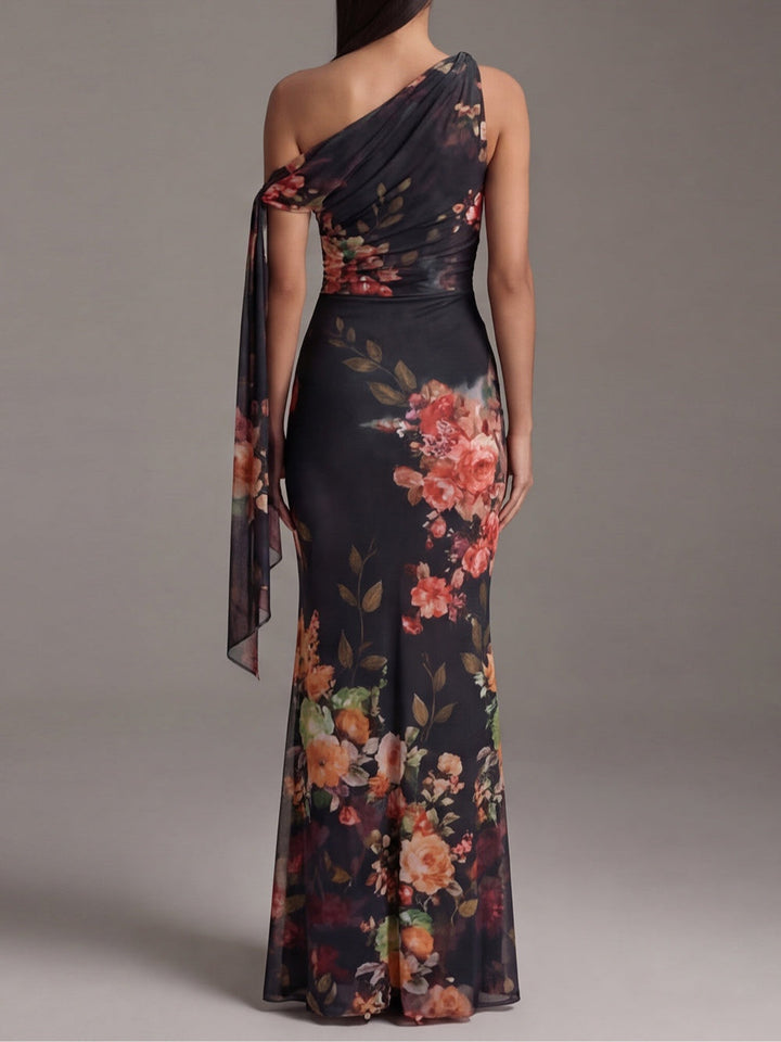 Noémie | Robe Maxi Plissée Imprimée, Épaule Dénudée