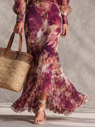 Rosanne™ | Robe Maxi en Mousseline, Épaules Dénudées, Rose Pâle Fleurie