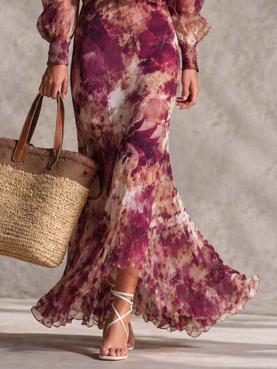 Françoise | Robe maxi en mousseline rose à imprimé floral et épaules dénudées