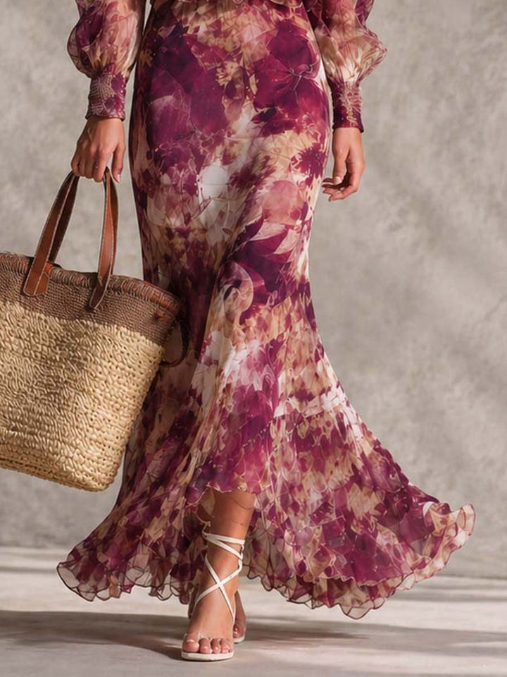 Françoise | Robe maxi en mousseline rose à imprimé floral et épaules dénudées