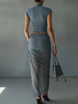 Jacqueline | Ensemble t-shirt court bleu et jupe drapée en tulle transparent