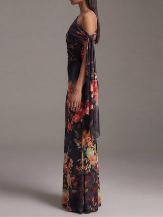 Noémie | Robe Maxi Plissée Imprimée, Épaule Dénudée