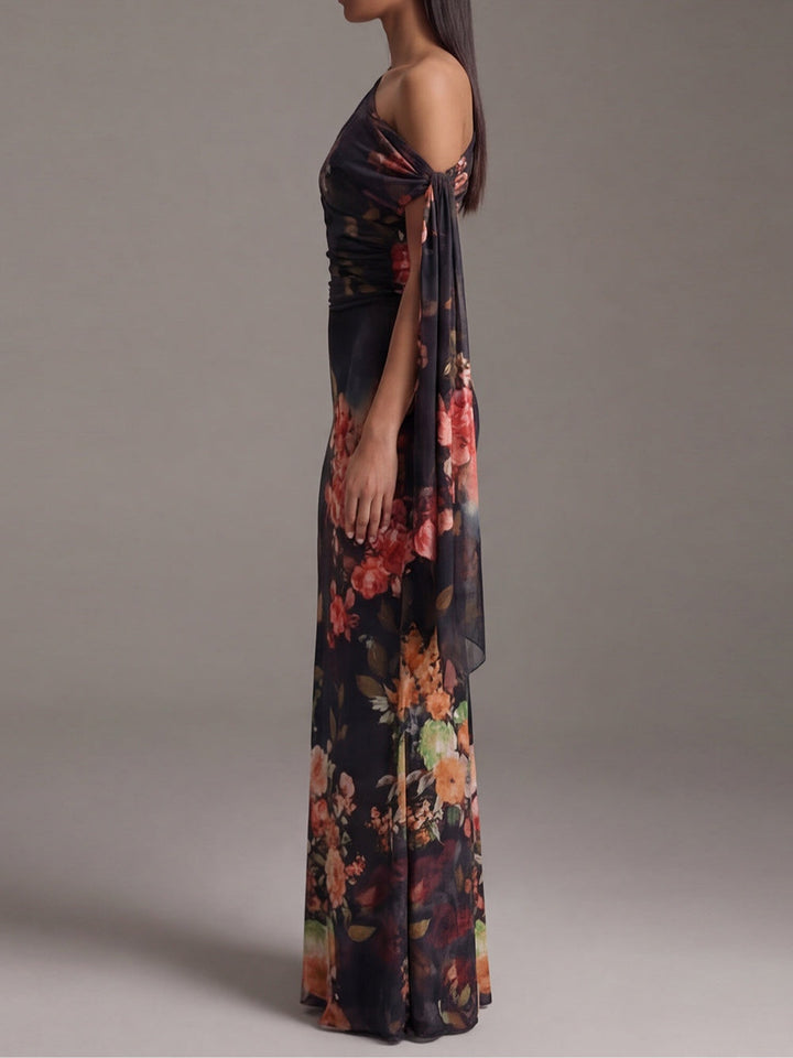 Noémie | Robe Maxi Plissée Imprimée, Épaule Dénudée