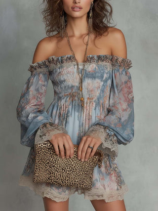 Romane | Robe Mini en Mousseline Froncée à Épaules Dénudées et Fleurs Romantiques