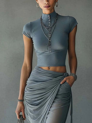 Jacqueline | Ensemble t-shirt court bleu et jupe drapée en tulle transparent