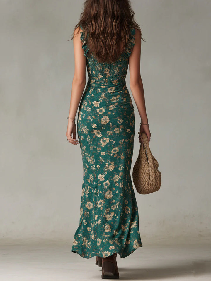Mélodie™ | Robe Maxi Imprimée Verte Bohème, Manches à Volants
