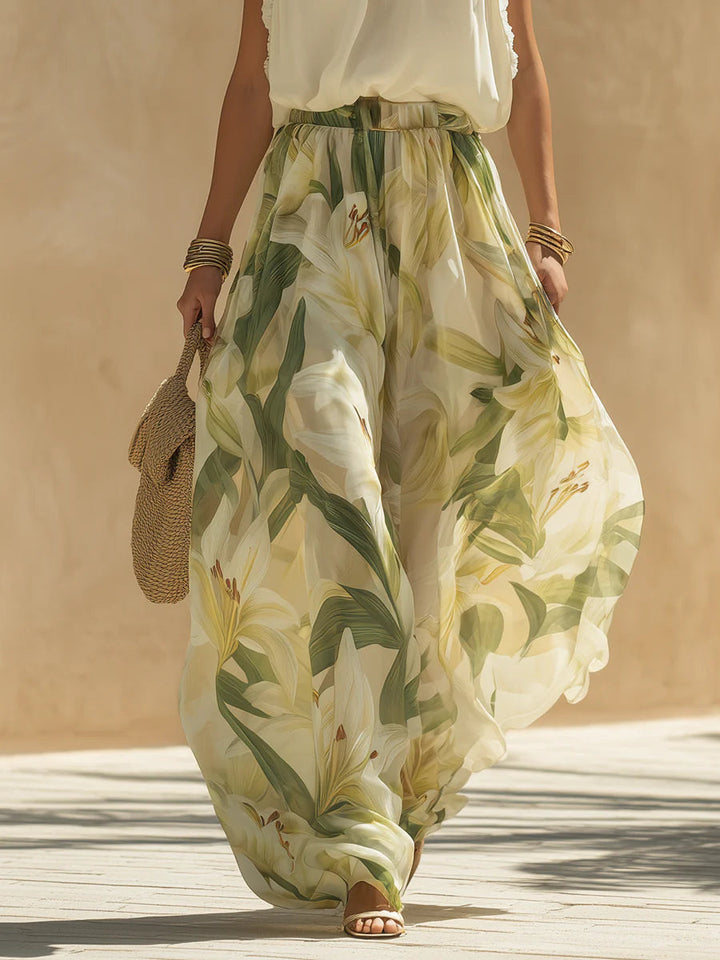 Alexandre | Ensemble en mousseline avec haut sans manches à volants et pantalon à imprimé lys