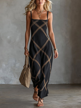 Victorine | Robe Géométrique Noire et Camel