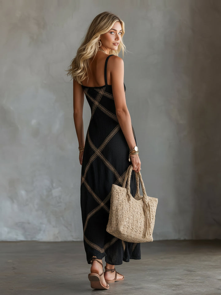 Victorine | Robe Géométrique Noire et Camel