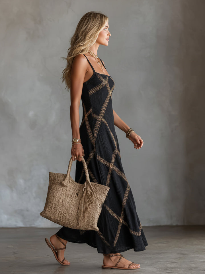 Victorine | Robe Géométrique Noire et Camel