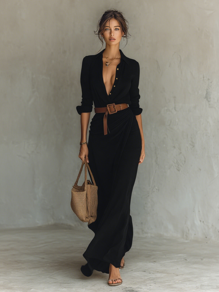 Audrey | Robe Maxi Ceinturée à Manches Longues
