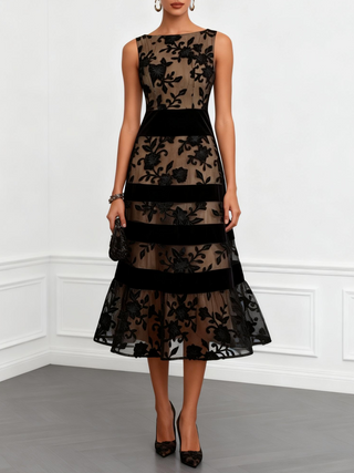 Estelle™ | Robe Midi A-Line Sans Manches en Résille Noire, Fleurs