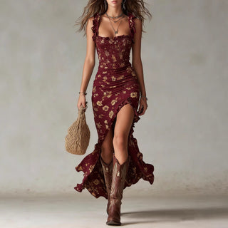 Zara™ | Robe maxi bohème froncée à imprimé fleuri et fente latérale