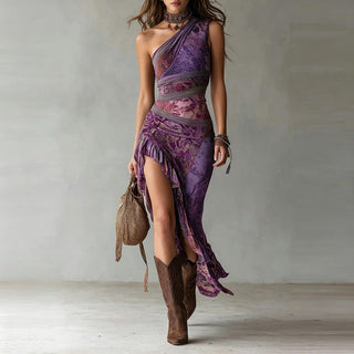Elena™ | Robe maxi asymétrique à imprimé audacieux et fente volantée
