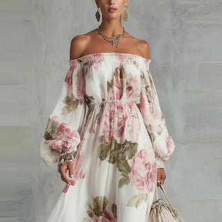 Pivoine | Robe Maxi Fleurie Épaules Dénudées, Manches Longues