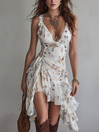 Claire | Robe mini rétro à fleurs, col en V y fines bretelles