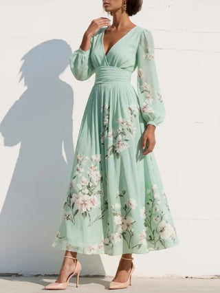 Susane | Robe maxi plissée en mousseline vert menthe à imprimé fleuri pour femme