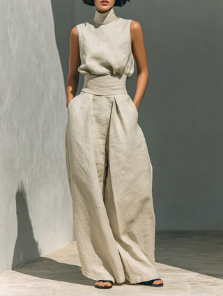 Aurora | Ensemble deux pièces beige en lin avec haut sans manches et pantalon large