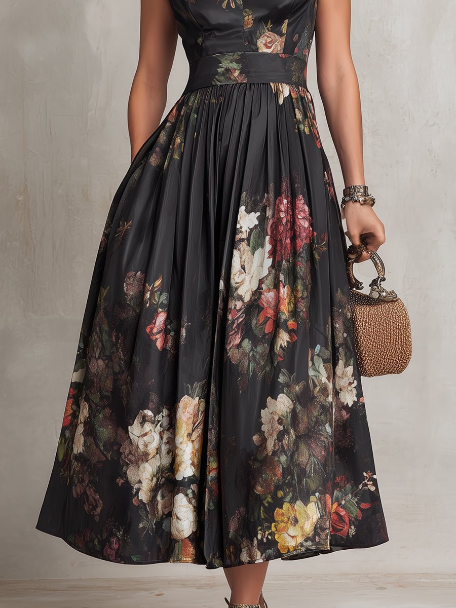 Violette™ | Robe midi en satin plissé noir à imprimé floral et encolure goutte d'eau