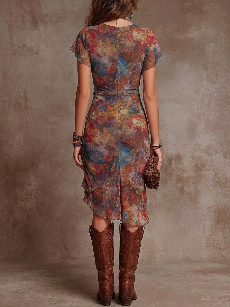 Faustine | Robe Midi Plissée, Col en V, Imprimé Abstrait Bohème