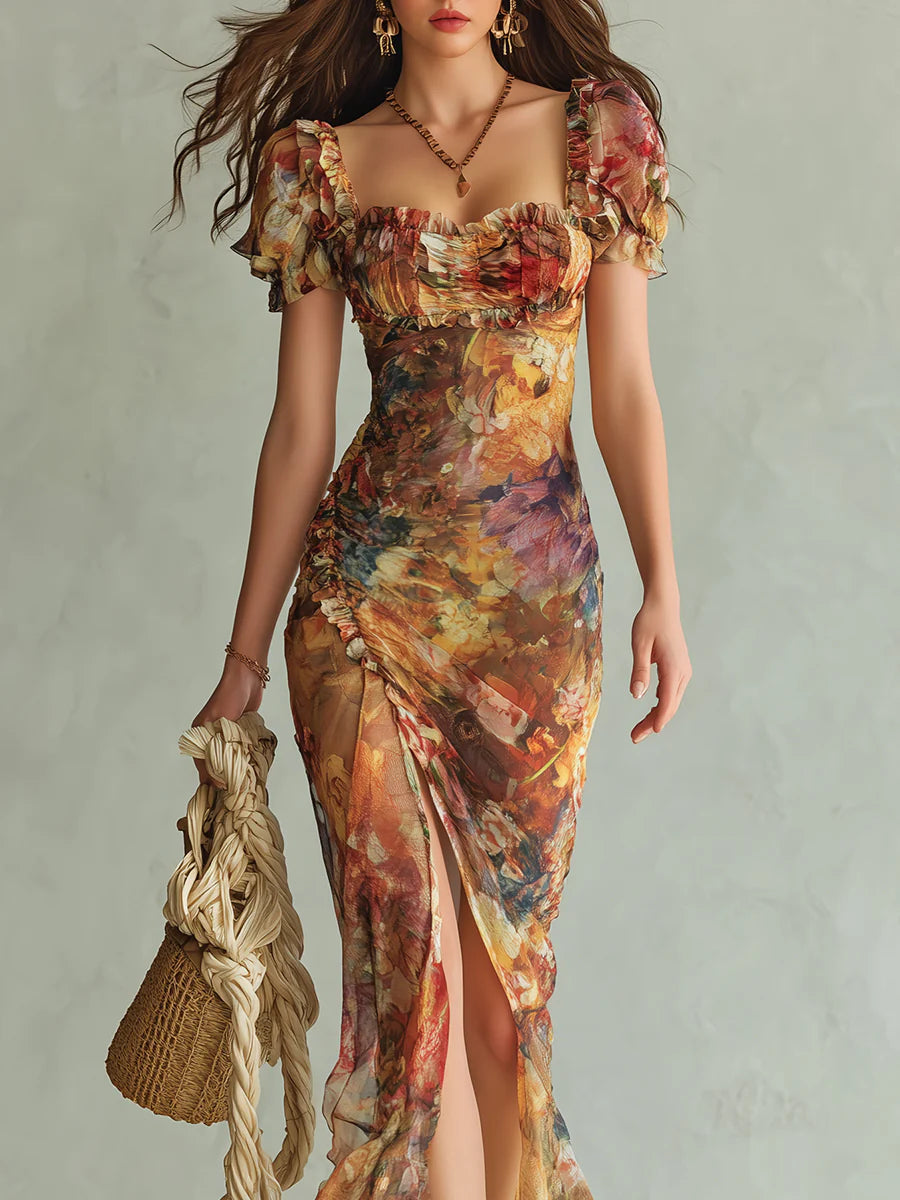 Clémentine | Robe Maxi en Mousseline Orange, Imprimé Peinture Bohème