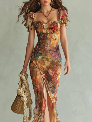 Clémentine | Robe Maxi en Mousseline Orange, Imprimé Peinture Bohème