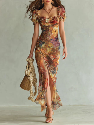 Clémentine | Robe Maxi en Mousseline Orange, Imprimé Peinture Bohème