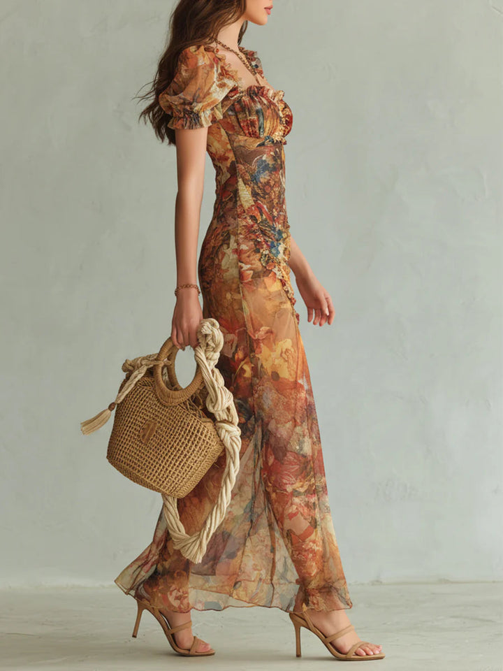 Clémentine | Robe Maxi en Mousseline Orange, Imprimé Peinture Bohème