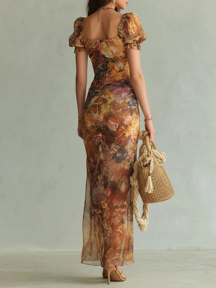 Clémentine | Robe Maxi en Mousseline Orange, Imprimé Peinture Bohème