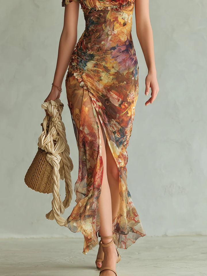 Clémentine | Robe Maxi en Mousseline Orange, Imprimé Peinture Bohème