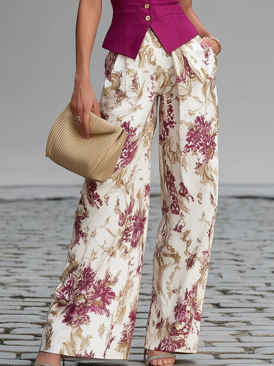 Rosabelle | Ensemble Gilet Rose et Pantalon Large Fleuri