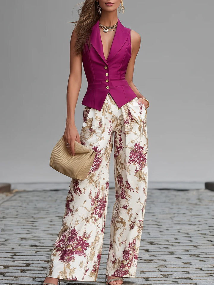 Rosabelle | Ensemble Gilet Rose et Pantalon Large Fleuri
