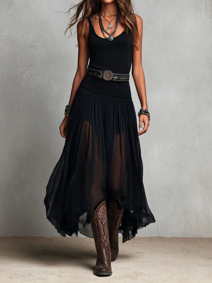 Capucine™ | Haut Noir Sans Manches et Jupe Maxi en Tulle (avec ceinture)