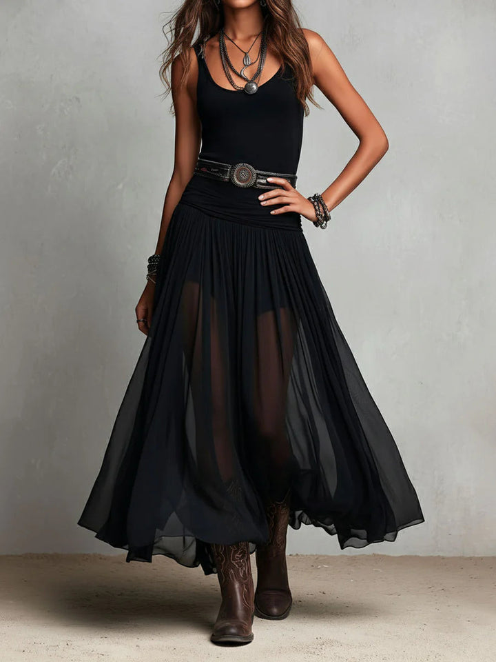 Capucine™ | Haut Noir Sans Manches et Jupe Maxi en Tulle (avec ceinture)