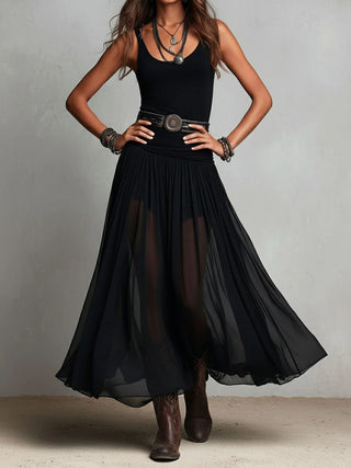 Capucine™ | Haut Noir Sans Manches et Jupe Maxi en Tulle (avec ceinture)