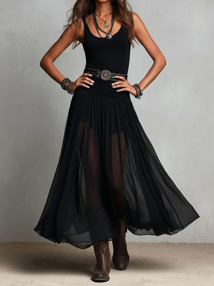 Capucine™ | Haut Noir Sans Manches et Jupe Maxi en Tulle (avec ceinture)