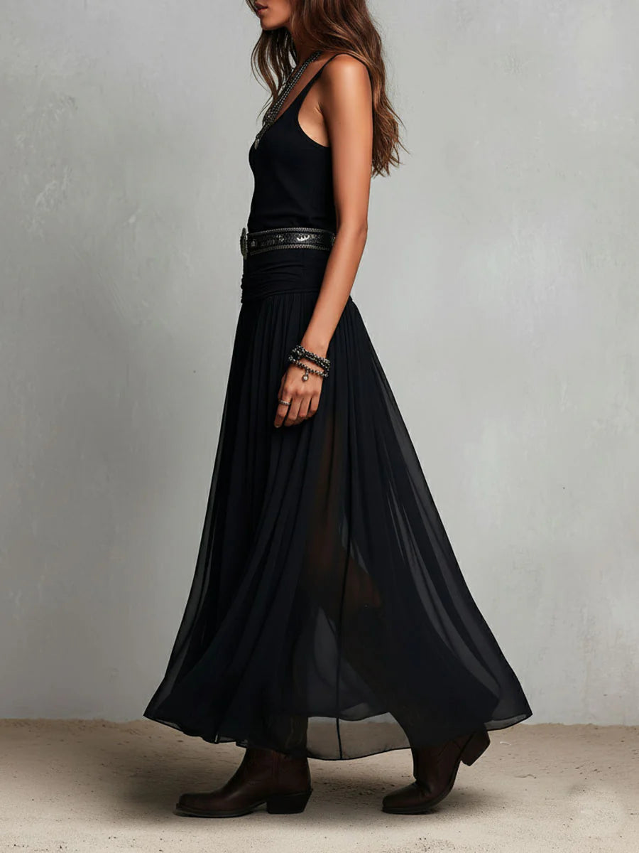 Thaïs | Robe maxi noire sans manches avec jupe en tulle (avec ceinture)