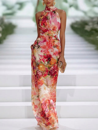 Cerise | Robe Maxi en Mousseline Rouge, Col Halter, Imprimé Floral
