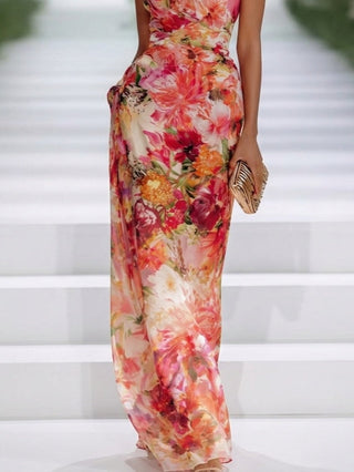 Cerise | Robe Maxi en Mousseline Rouge, Col Halter, Imprimé Floral