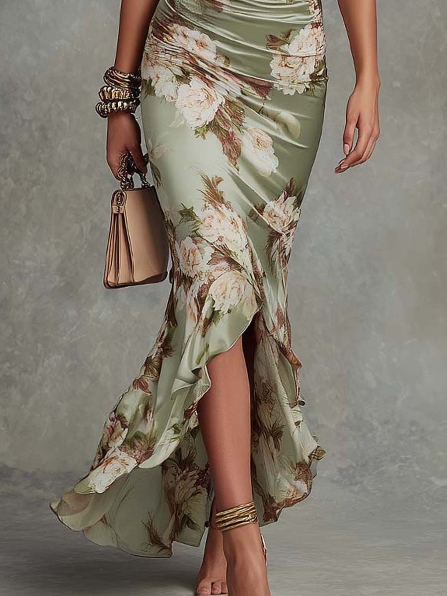Clemence | Robe Longue en Satin Imprimé Fleuri