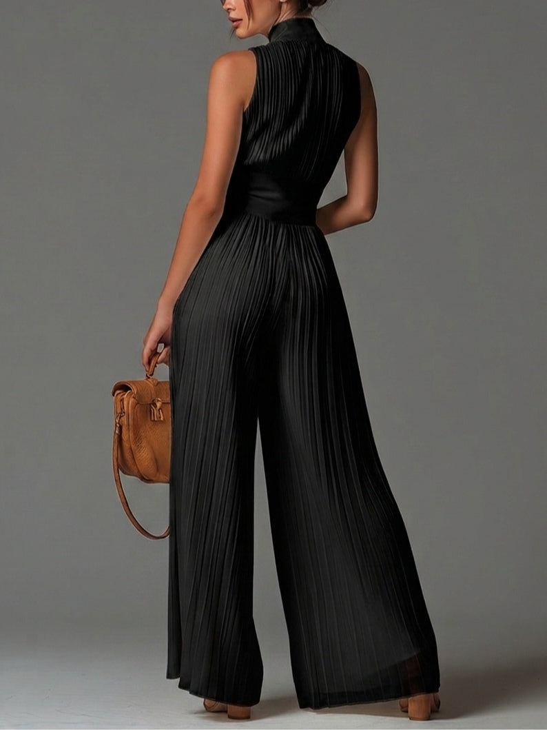 Mélaine | Combinaison Noire en Mousseline, Zip, Pantalon Large Plissé