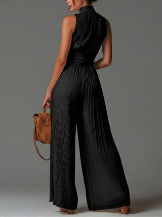 Mélaine | Combinaison Noire en Mousseline, Zip, Pantalon Large Plissé