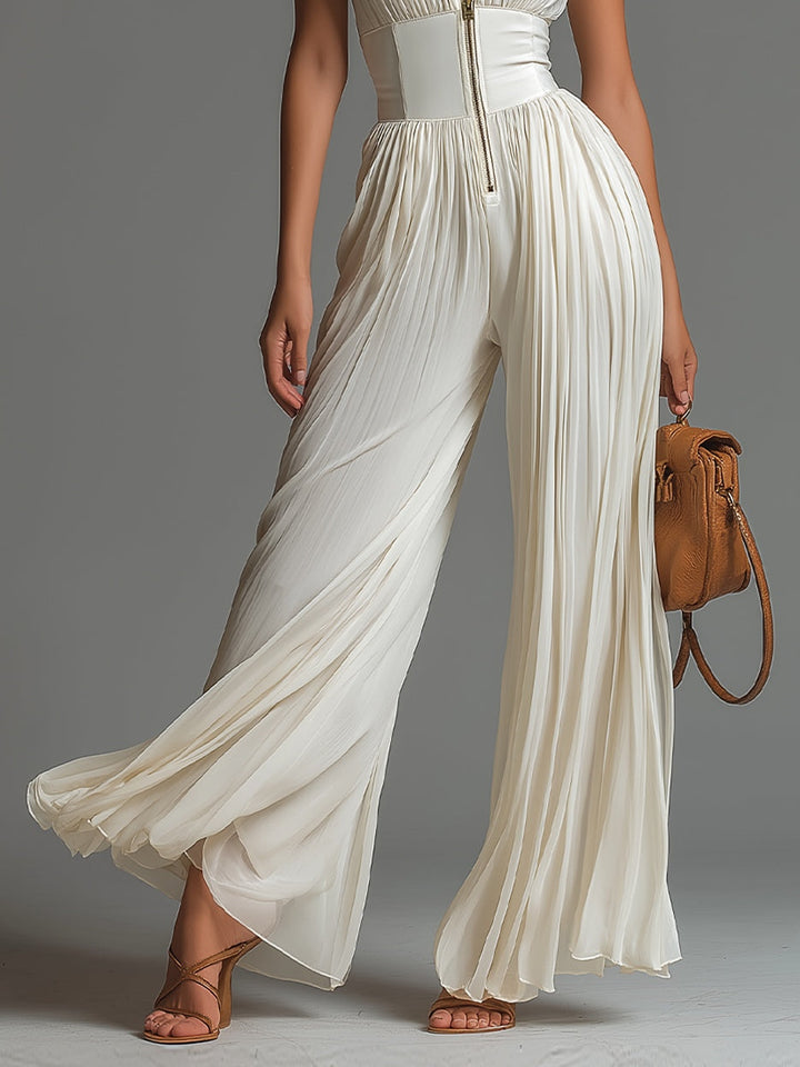 Solange | Combinaison Blanche en Mousseline, Col en V, Pantalon Large
