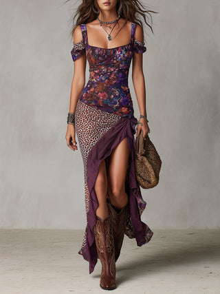 Lys | Robe maxi violette style nomade urbain à imprimé léopard, fleurs et fente haute