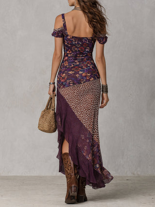Lys | Robe maxi violette style nomade urbain à imprimé léopard, fleurs et fente haute